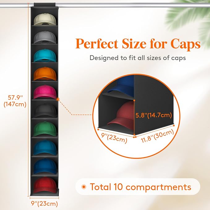 Lifewit 10 Section Hanging Hat Organizer for Baseball Caps, Black, 1 Pack | Hat Rack Hanging Storage, Non-Woven Fabric Display Shelf Holds Up to 40 Hats, Cap Holder Hanger for Closet, Bedroom