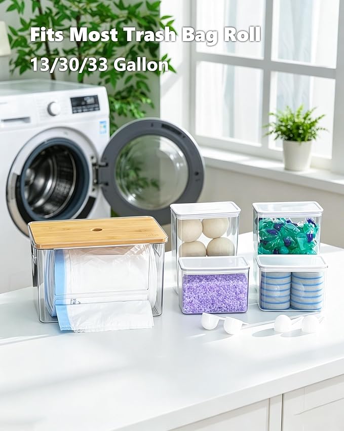 iCASA 5 in 1 Trash Bag Holder Dispenser Dishwasher & Laundry Pods Container | Large Stackable Under Sink Organizer Garbage Bag Dispenser for 13/30/33 Gallon Bags, Kitchen Pantry Clear Storage Bins