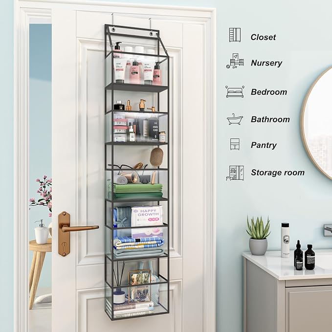 Over Door Organizer Hanging Storage 5 Shelf Clear Pockets Pantry Closet | 5 Shelves, Clear Plastic Pockets, Sturdy Hanging Design, for Pantry Closet Bedroom Nursery and Bathroom Storage