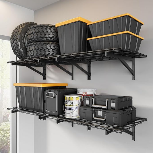 Jusgym 4 Pack Wall Mounted Garage Shelving, 2x3ft, 1400lbs Integrated Grid | Wall Mounted Floating Design, 24"x72" Storage Rack, No Splice Seamless Structure, Rustproof Black Coating for Garage Workshop