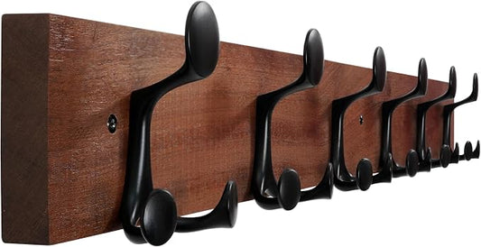 WEBI Coat Rack Wall Mount,36" Solid Wood Coat Hooks Wall Mounted Coat Hanger,16" Hole to Hole,Heavy Duty 6 Triple Hooks for Hanging Coats,Jacket,Hat,Backpack,Farmhouse,Reddish Brown