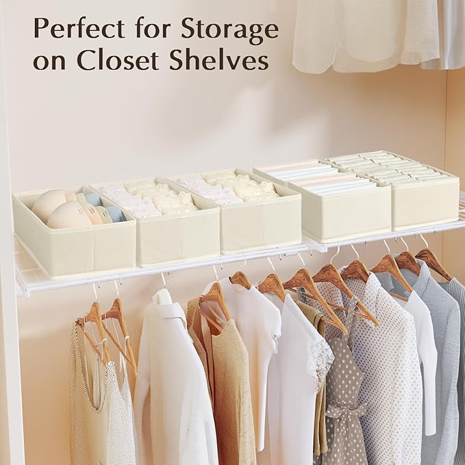 DIMJ Drawer Organizers Clothes, Dresser Organizer Bins for Baby Clothes,Underwear and Sock, Fabric Closet Organization and Storage Boxs, Drawer Dividers for Nursery, Clothing, Tie - 4 Pack, Beige