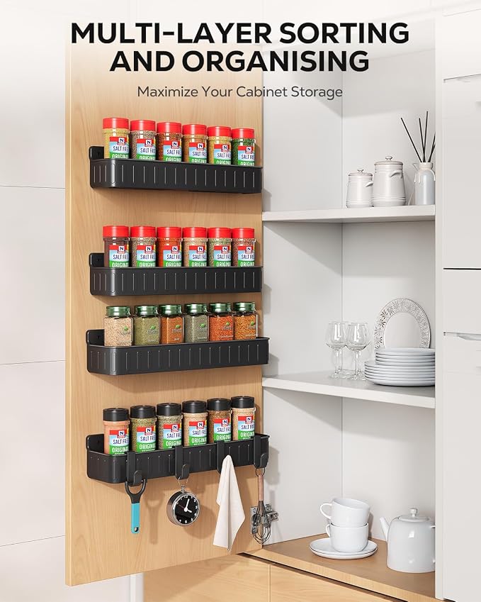 Nieifi Spice Rack Wall Mount, 4 Pack Black, 2" Depth, Screw/Adhesive | Wall-Mounted with Removable Hooks Saves Counter Space, Fits 2" Deep Jars, Ideal for Kitchen Cabinets, Pantry Doors, and RVs.
