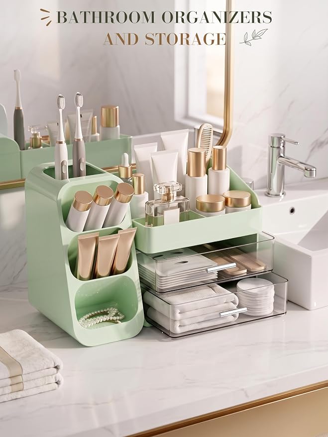 Makeup Organizer with Drawers,Large Capacity Countertop Organizer for Vanity,Bathroom and Bedroom Desk Cosmetics Organizers,Easy To Storage Skincare,Brushes,Lotions (Green)