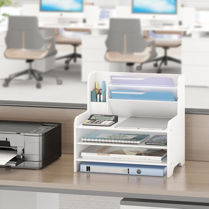 Bamboo File Organizer for Desk, Paper Tray with Pen Holder-White | Open tiers and a pen holder sort Letter/A4 paper, folders and office supplies while keeping your workspace clutter-free