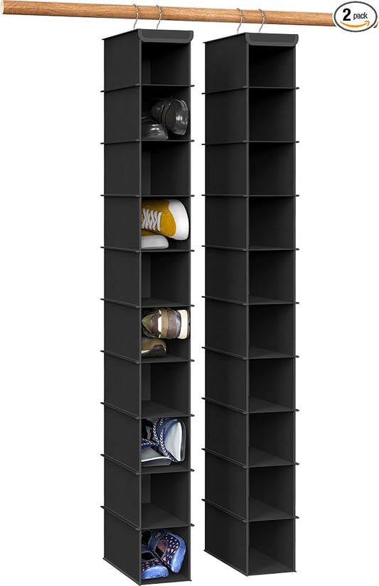 Simple Houseware 2 Pack 10 Shelves Hanging Shoe Organizer, Black | Dual Metal Hooks, Holds Up to 20 lbs, for Narrow Space