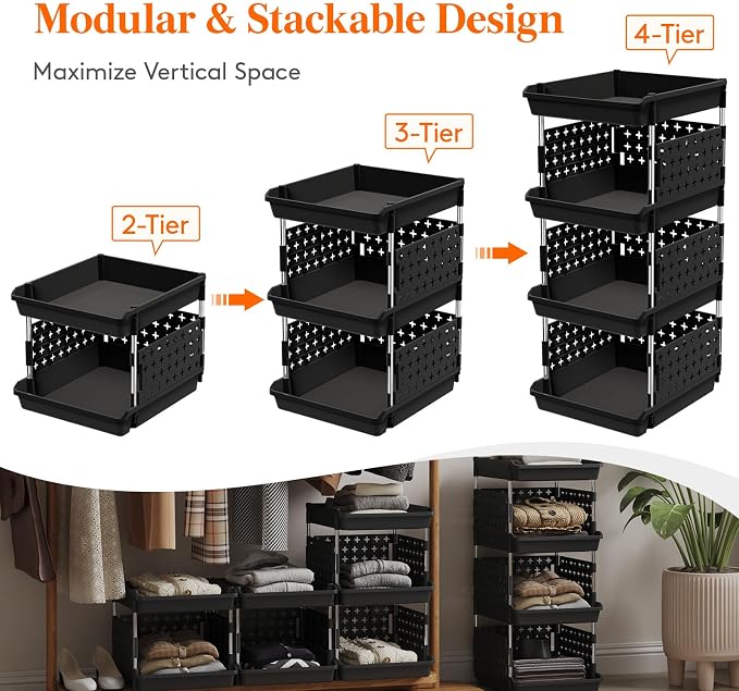 Lifewit 4 Tier Plastic Stackable Storage Baskets for Clothes 1 Pack, Black | Stacking Bins for Food, Multifunctional Organizer for RV, Kitchen, Playroom, Pantry and Bathroom