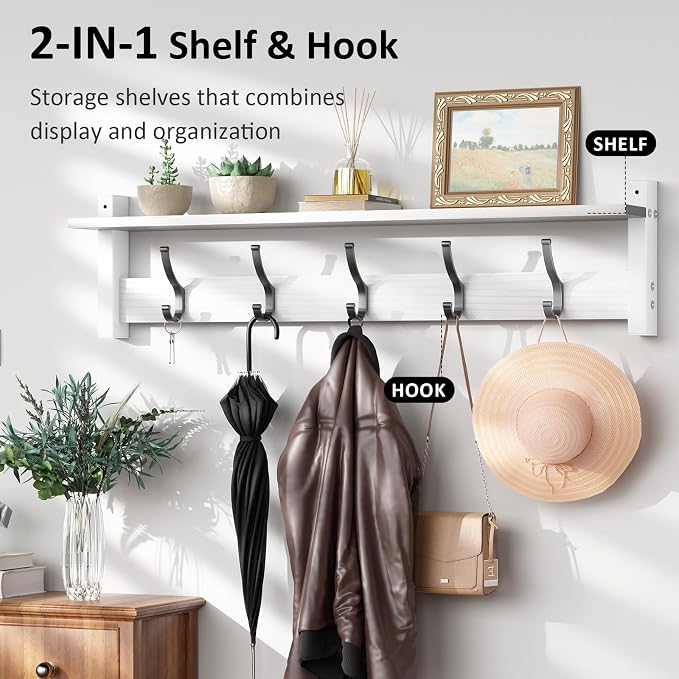 Optish Coat Rack Wall Mount with Shelf, 29 Inch Coat Hanger Walls Mounted, Hat Rack for Walls, Shelf with 5 Coat Hooks, Wall Hanger for Entryway (White)