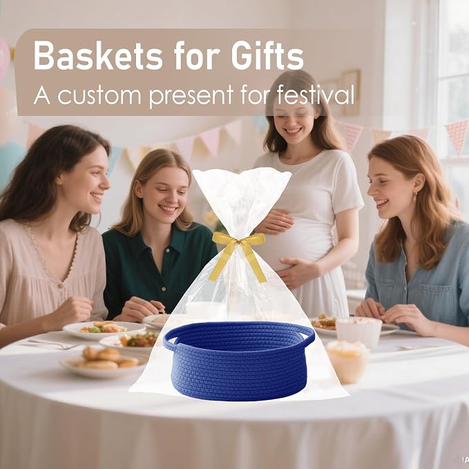 JMvicyroam Small Woven Basket, Empty Gift Basket, Navy Blue/2 Pack | Small Gift Basket, Cotton Rope, 12 x 8 x 28 in, Handles, Includes Ribbon and Bag, Birthday Gift Basket