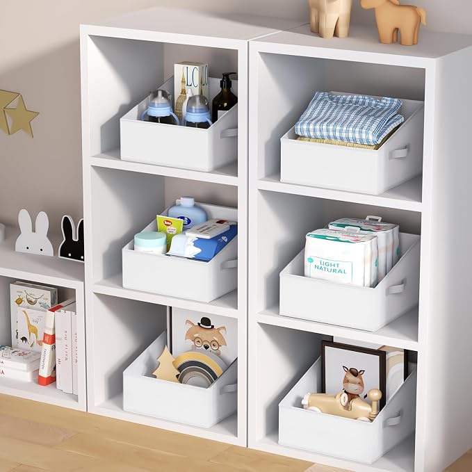 DIMJ Closet Storage Bins 6 Pack - Fabric Trapezoid Organizer Bin, Foldable Storage Baskets for Shelves, Closet Shelf Organizer, Clothing Storage Box for Toys, Books, Towel, Clothes, White