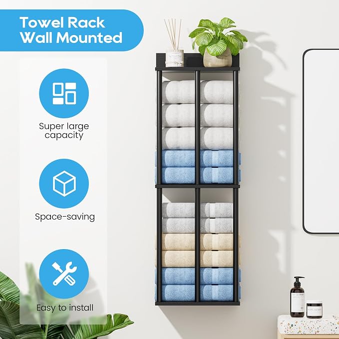 Towel Racks for Bathroom Wall Mounted with Wooden Storage Shelf | Updated 3 Bar Metal Towel Holder for Rolled Towels, Sturdy and Large Capacity, Towel Storage Organizer