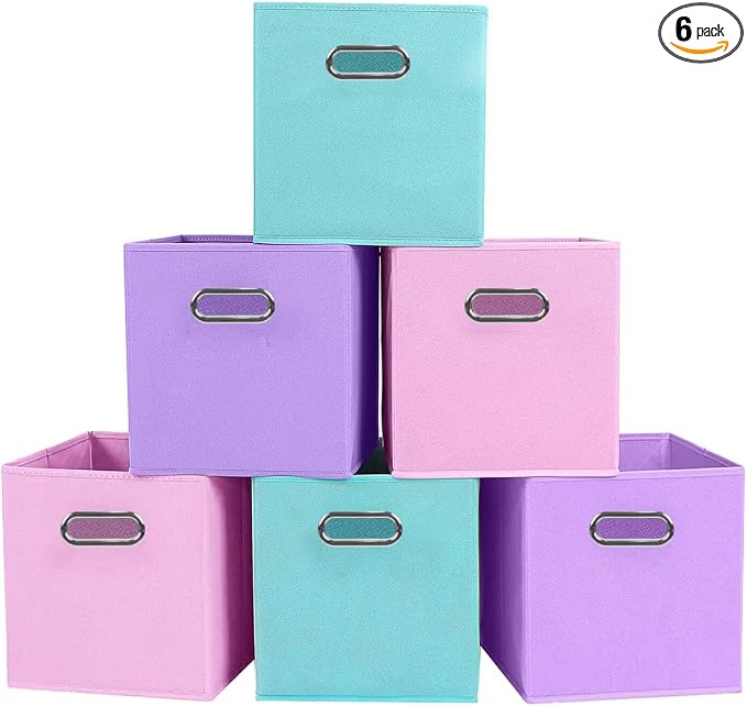 ShellKingdom Storage Bins, Foldable Fabric Storage Cubes with Metal Handle | Cloth Storage Organizer Drawer For Closet And Toys, 11 X 10.5 X 10.5 INCH, 6 Pack (Lavender+Light Blue+Pink)