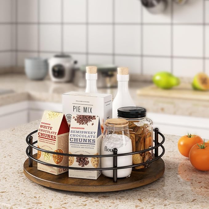 12" Lazy Susan Turntable Organizer,Round Wooden Lazy Susan Organization and Rotating Spice Rack for Dining Table,Pantry,Kitchen Countertop,Vanity,Cupboard and More. (Heightened Version,Round)