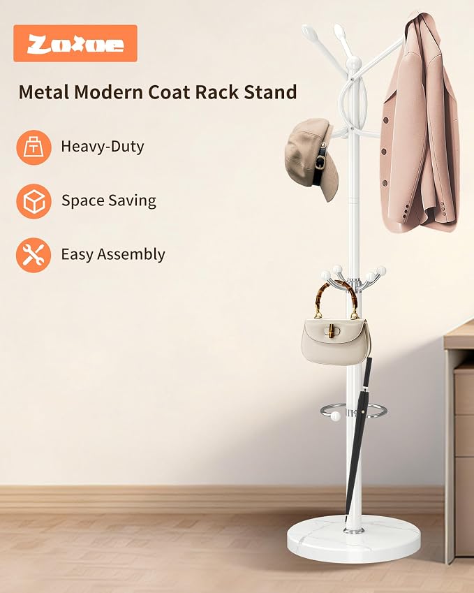 ZOZOE Metal Coat Rack Stand, Modern Coat Rack Freestanding with Natural Marble Base, Sturdy Coat Racks with 10 Hooks & Umbrella Holder,White Coat Tree Hanger Stand for Bags,Hats,Entryway,Office