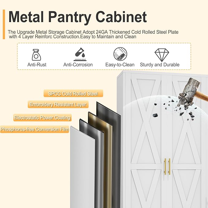 75.2" Tall Metal Kitchen Pantry Storage Cabinet, Freestanding Cupboard with 2 Doors and 5 Adjustable Shelves, Standing Storage for Kitchen, Bathroom, Garage, Dinning Room or Utility Room