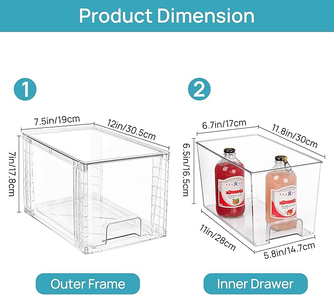 Vtopmart 4Pack Large Stackable Pantry Storage Drawers, Clear Organizer Bins with Handles, Acrylic Drawer Organizers for Kitchen, Pantry, Bathroom Undersink, Cabinet Organization and Storage