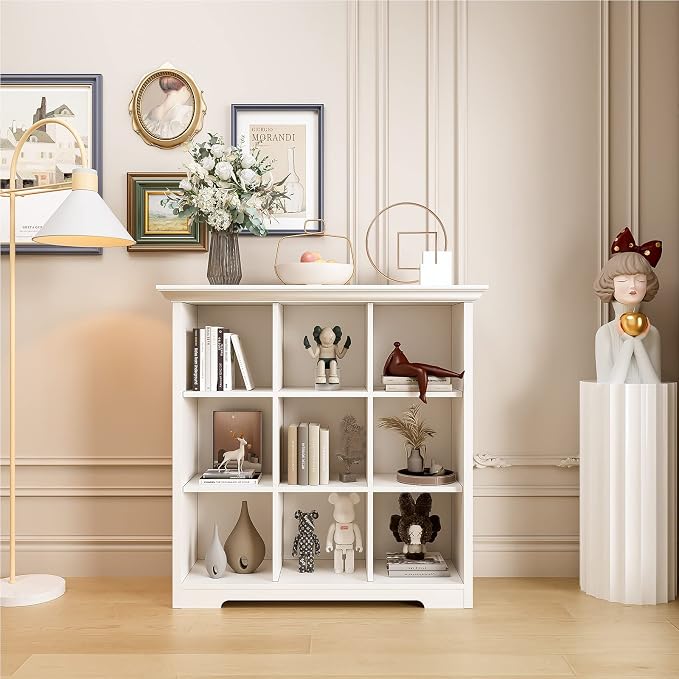 OSCHF 9-Cube Open Bookcase with Base, 3-Tier Wooden Bookshelf, White | Curved Base, Crown Molding, Fits 11×11" Bins, Modern Storage Cabinet for Living Room, Bedroom, Home Office
