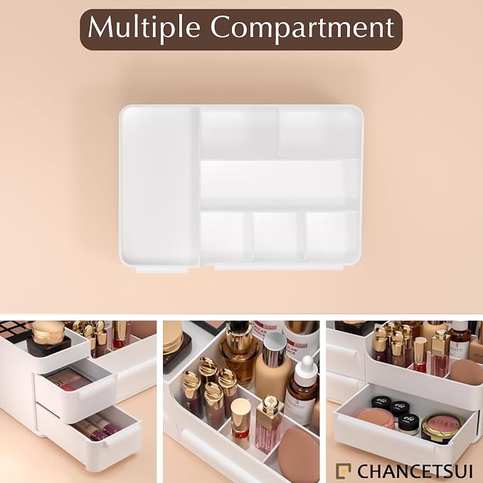 Makeup Organizer Countertop for Vanity: Dresser Bathroom Cosmetic Storage | Minimalistic Small White Aesthetic Desk Storage with Drawers for Counter