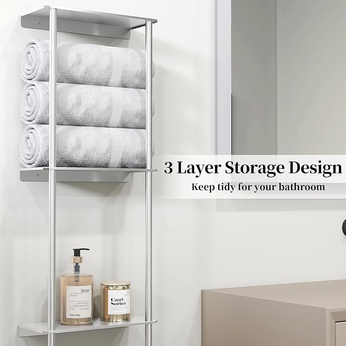 Bethom Towel Racks for Bathroom, 3Tier Towel Storage Rack, Brushed Nickel | Towel Rack for Bathroom with Shelf & Towel Bar, SUS304 Stainless Steel Rustproof, Easy to Install, Keeps Towels Tidy