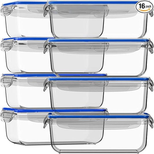 Razab 16 Pc (Set of 8) 30 Oz Glass Meal Prep Containers with Lids, Airtight Large Glass Food Storage Containers, Reusable Leak Proof BPA Free, Freezer to Oven and Dishwasher Safe