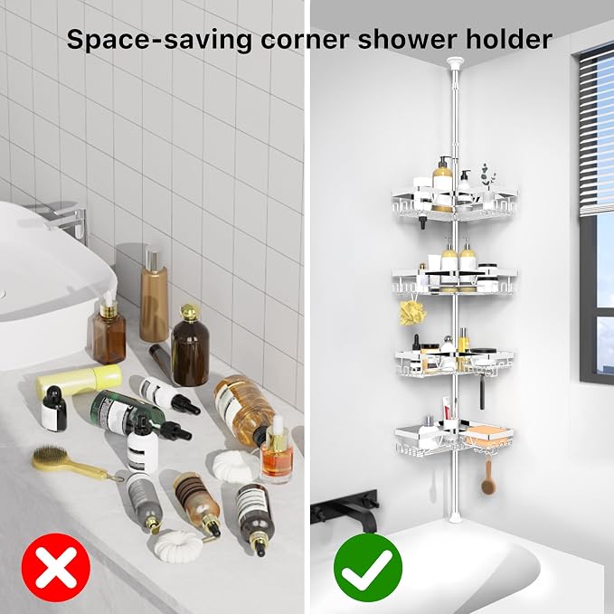 KEGII Corner Shower Caddy Tension Pole, Bathroom Storage Shelf, Chrome | Stainless Steel Design with Soap Holders and Hooks, Adjustable Height for Renters, Apartments and Family Bathrooms