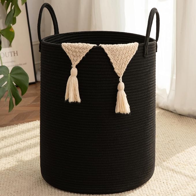 OIAHOMY Large Laundry Basket Hamper - 60L Cotton Rope Woven Basket for Blankets, Toys, Clothes - Tall Decorative Nursery Hamper with Long Handles, Black