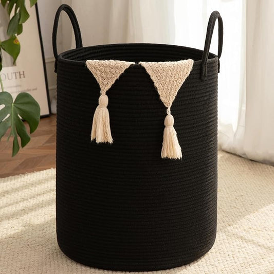 OIAHOMY Large Laundry Basket Hamper - 60L Cotton Rope Woven Basket for Blankets, Toys, Clothes - Tall Decorative Nursery Hamper with Long Handles, Black