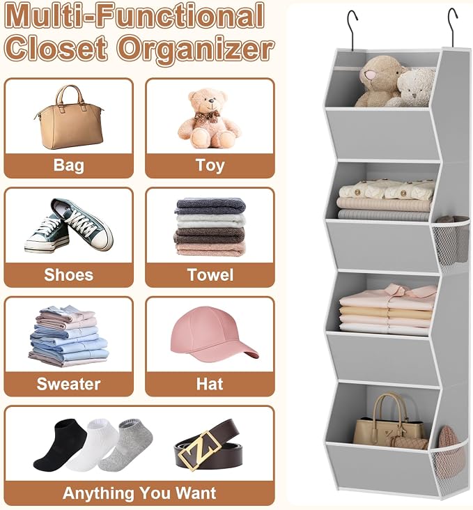 Wawocs 4 Shelf Hanging Closet Organizers and Storage for Kids 2 Packs, Grey | Hanging Shelves for Closet Organization, Hanging Closet Storage for Wardrobe Organizer, Closet Hanging Organizer for Bedroom