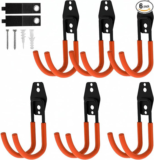 Garage Hooks, 6 Pack Large Round Wall Hooks for Hanging Heavy Duty Ladders, Bikes, Tools Ideal for Garage, Garden, Basement Utility Room Storage (Orange)