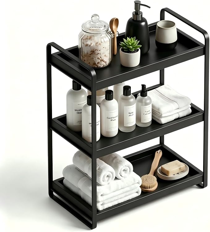 Bathroom Counter Organizer with Basket, Bathroom Organizers and Storage,Skincare Organizers for Vanity,Storage Organizers for Bathroom, Kitchen, Dresser (3-Tier Black Wood Rack)