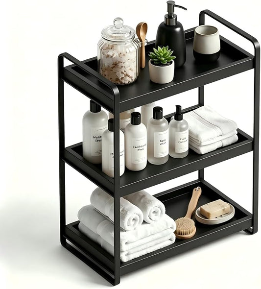 Bathroom Counter Organizer with Basket, Bathroom Organizers and Storage,Skincare Organizers for Vanity,Storage Organizers for Bathroom, Kitchen, Dresser (3-Tier Black Wood Rack)
