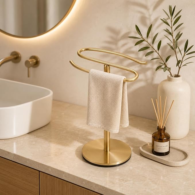 Brusehd Light Gold Hand Towel Holder Stand,13 Inch Free-Standing Towel Rack, SUS304 Stainless Steel Towel Bar Rack Stand, Tower Bar for Bathroom Kitchen Vanity Countertop