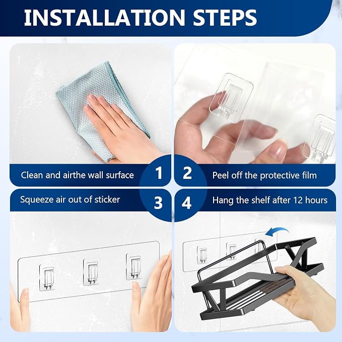 14 Pack Shower Caddy Adhesive Replacement, Strong Adhesive Hooks, Waterproof Shower Adhesive Strips, No Drilling, for Bathroom Storage Shelves and Kitchen Racks