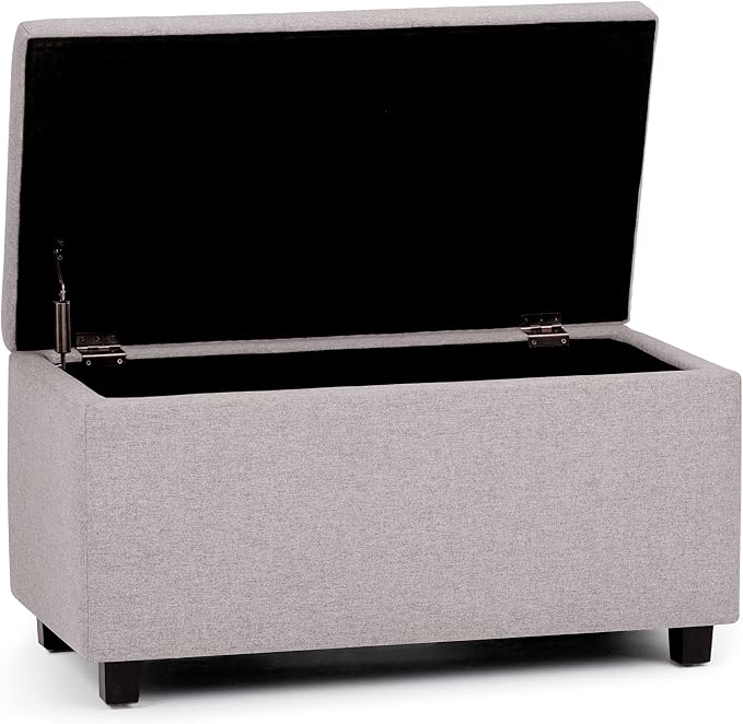 SIMPLIHOME Cosmopolitan 34" Wide Vegan Leather Storage Ottoman in Cream | Cloud grey, transitional storage ottoman with tufting and lift-up lid; rectangle storage bench for living room or entryway.
