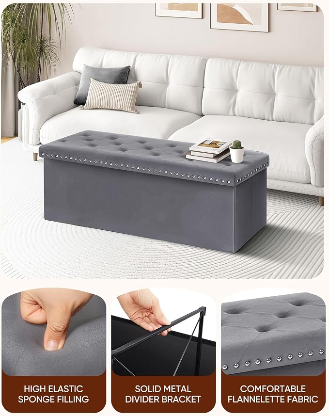 B FSOBEIIALEO Storage Ottoman Bench, Folding Tufted Ottomans with Storage, Extra Large 140L Storage Boxes Footrest Bench for Bedroom, Luxury Velvet Fabric 43 Inches Grey