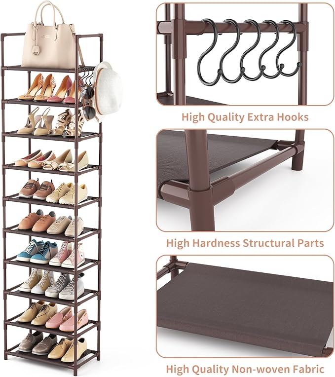 LANTEFUL 10 Tiers Tall Shoe Rack 20-25 Pairs Boots Organizer Storage Sturdy Narrow Shoe Shelf for Entryway, Closets with Hooks, Brown