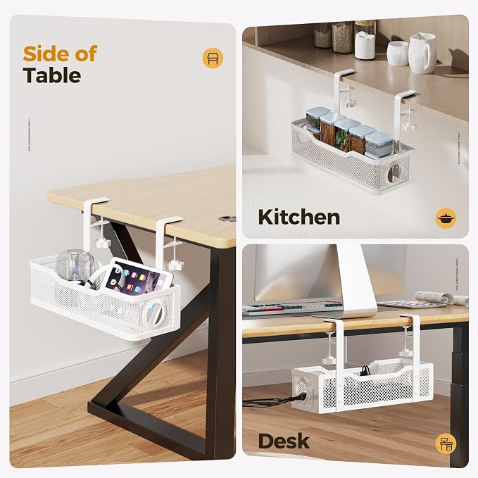 2 Pack Under Desk Cable Management Box White, Cinati 26.8" Wire Organizers No Drill, Cord Organization Tray with Clamp for Office, Home - No Damage to Desk