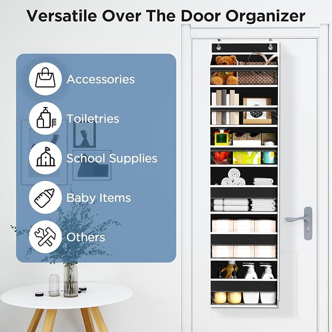 Over The Door Organizer 6 Tiers, Behind The Door Storage Hanging Shelves | Heavy Duty Hanging Organizer Storage with Large Capacity Pockets for Closet Wall Bathroom Bedroom Nursery Pantry, 1 Black