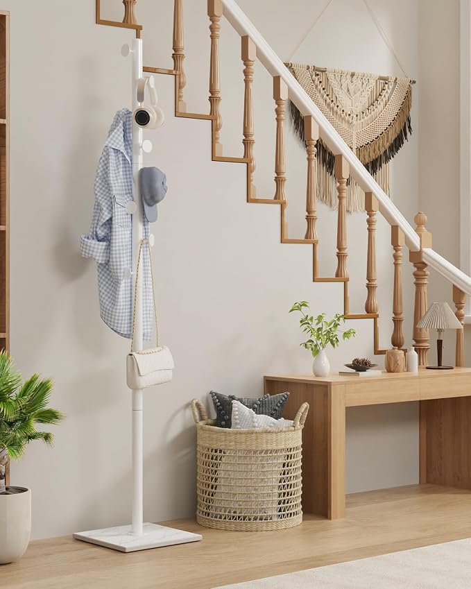 Coat Rack Freestanding, Clothing Rail with 8 Hooks, White | Small Standing Coat Hanger Stand with Heavy Rock Slab Base, Modern Metal Coat Tree with 8 Hooks for Bedroom, Office, Hallway