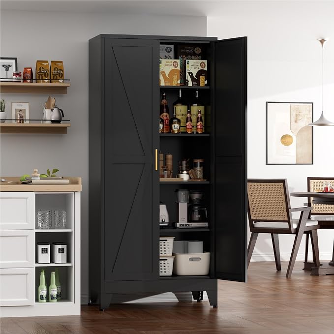 Farmhouse Pantry Cabinet with Barn Doors, 71" H x 31.5" W, 5-Tier Metal Storage Cabinet with 4 Adjustable Shelves for Kitchen Garage Dining Room, Black 1 Pack