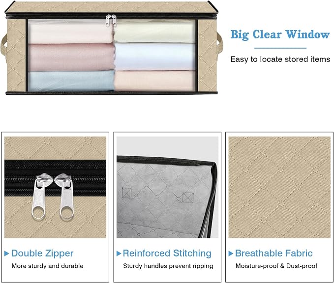 HomeHacks 3-Pack Clothes Organizer Storage Bags, 35L Storage Bins, Beige | Foldable Storage Box Container with Zippers, Clear Window, Reinforced Handles for Closet, Dorm, Pillows, Bedding, Sweater