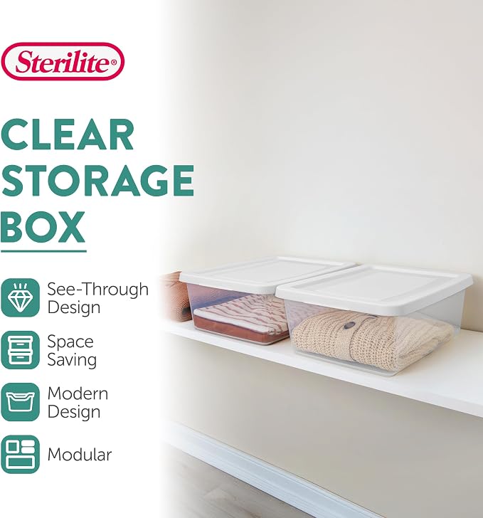 Sterilite Storage Box Stackable Tote, White, 12 Quart, 45 Pack | Clear Plastic Container with Secure Snapping Lids for Home and Office Organization