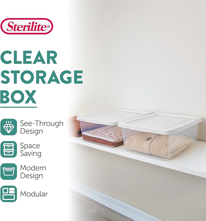 Sterilite Storage Box Stackable Tote, White, 12 Quart, 24 Pack | Clear Plastic Container with Secure Snapping Lids for Home and Office Organization