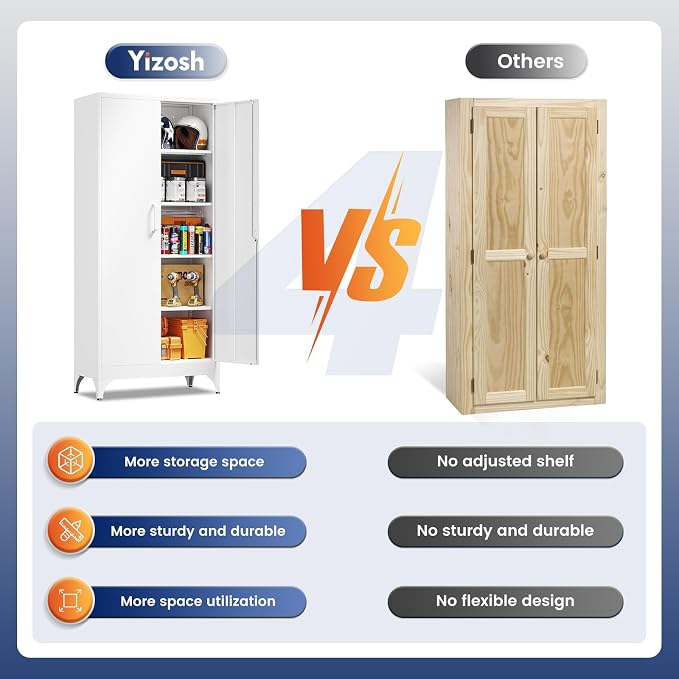 Yizosh Metal Garage Storage Cabinet with 2 Doors and 4 Adjustable Shelves - 71" Steel Lockable File Cabinet,Locking Tool Cabinets for Home,Office,Garage,Gym,School