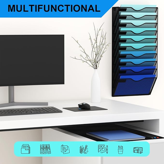 10 Pockets Hanging Wall File Organizer Mail Holder, Wall Mounted Paper Document Folder Holder, Clipboard Storage Organization Magazine Rack, Black
