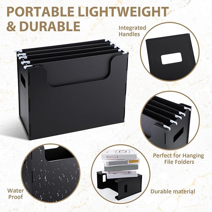 2 Pcs Portable Desktop File, Side Handles, Filing Organizer, Hanging File Folders, Letter Size for Schools Office Home (Black)
