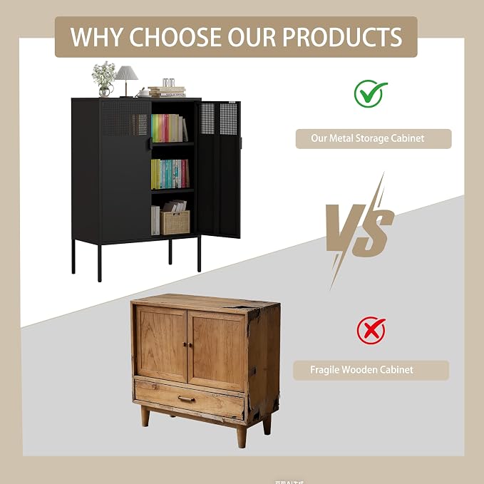 3-Tier Metal Storage Cabinet with 2 Adjustable Shelves & Mesh Doors | Metal Locker Accent Cabinet with Legs, Black Storage Cabinets, Metal TV Stand Cabinet for Home Office, Entryway & Hallway