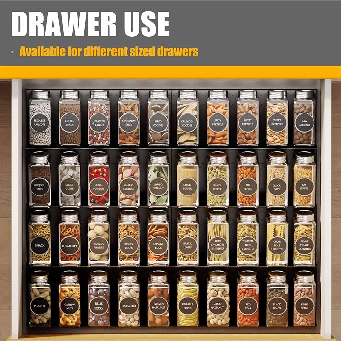 Famhap Spice Drawer Organizer Expandable 4 Tier for 11.6"-23.2" Wide Drawer | Durable Plastic, Slanted Seasoning Drawer Organizer, Use for Kitchen Spices Cosmetics