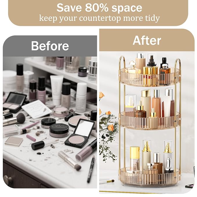 MOKANI 360 Rotating Makeup Organizer for Vanity, 3 Tier Perfume Organizer | Adjustable Multi-Function Spinning Cosmetics Skincare Storage for Bedroom, Dresser, Countertop, Amber