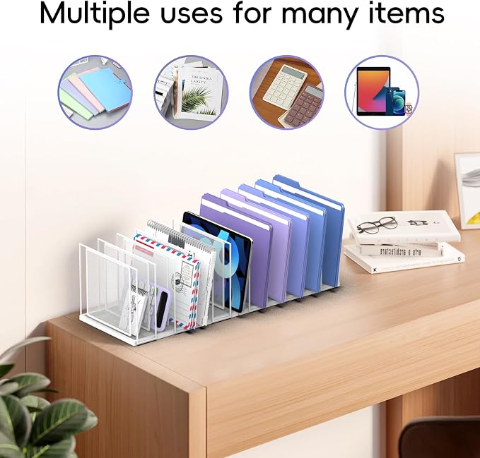 File Organizer for Desk, 11-Section Vertical File Sorter, Paper Holder Organizer Standing Metal File Folder for Office Home Classroom, White